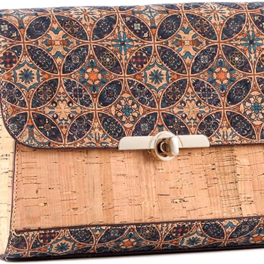 Natural cork zipper Secret key Double latch adjustable shoulder bag purse tote c